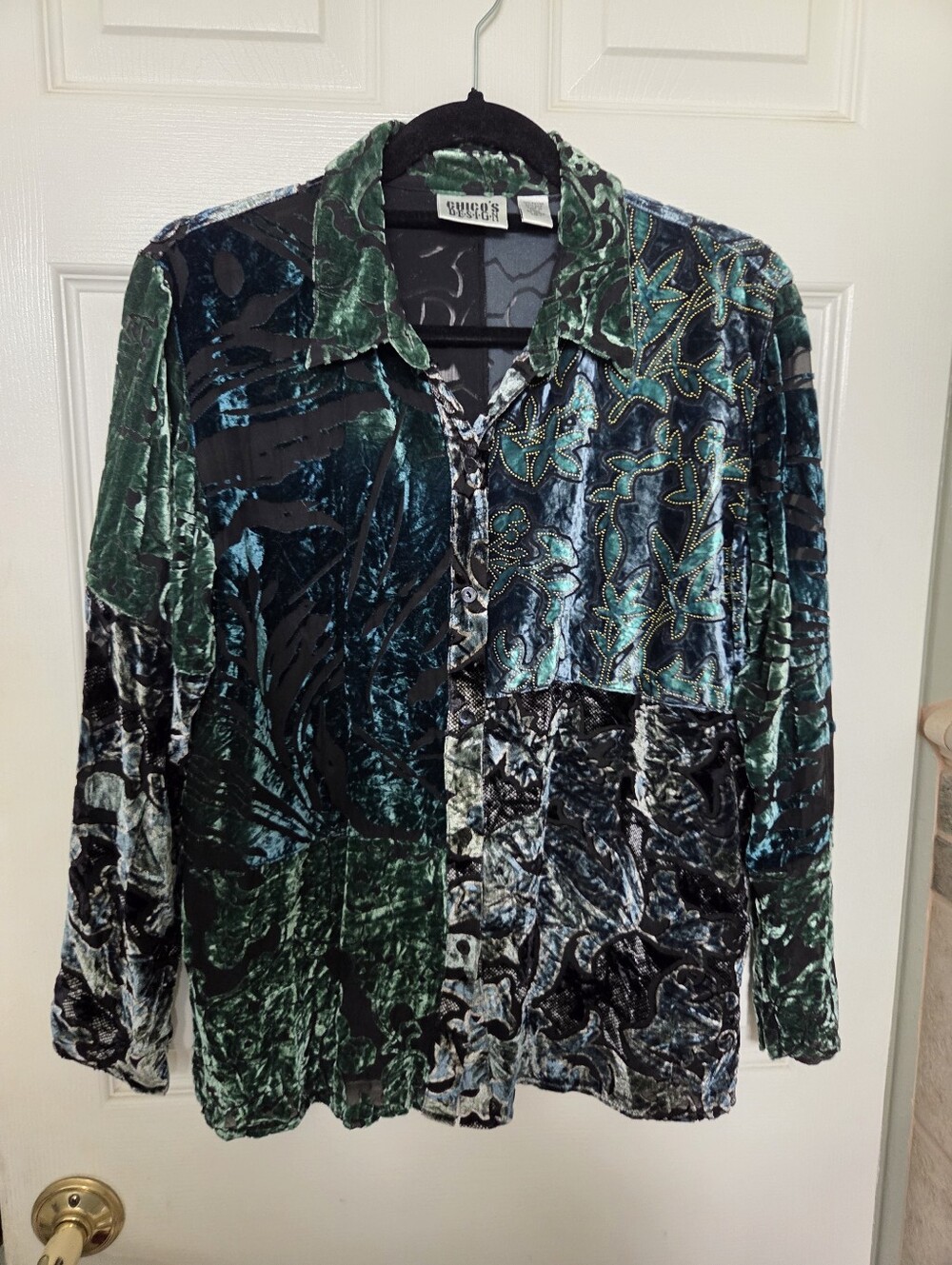 Chico's Velvet Burnout Patchwork Button-Down Shirt Green & Teal Whimsigoth Med.
